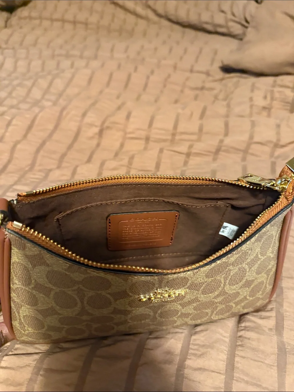 Coach Tan Signature Canvas Crossbody with Brown Leather Trim